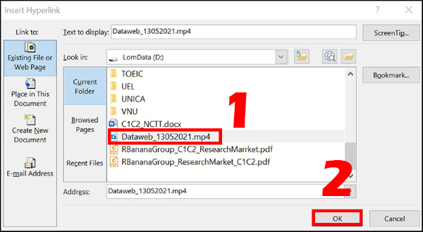 Duyệt đến file muốn liên kết → OK