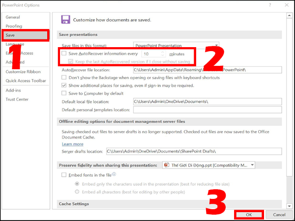Bỏ chọn “Save AutoRecover information every...”