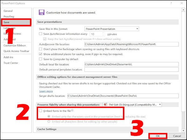 Bỏ chọn “Embed fonts in the file”