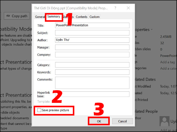 Vào tab Summary → Bỏ chọn “Save preview picture” → OK