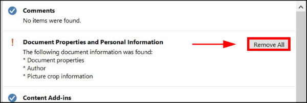 Chọn Remove All tại phần “Document Properties and Personal Information”