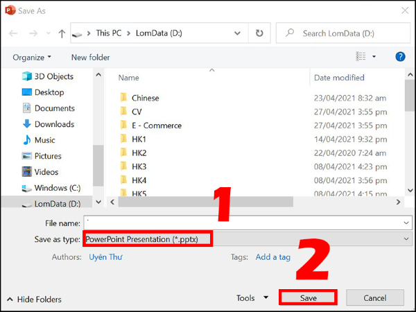 Lưu file dưới dạng .pptx