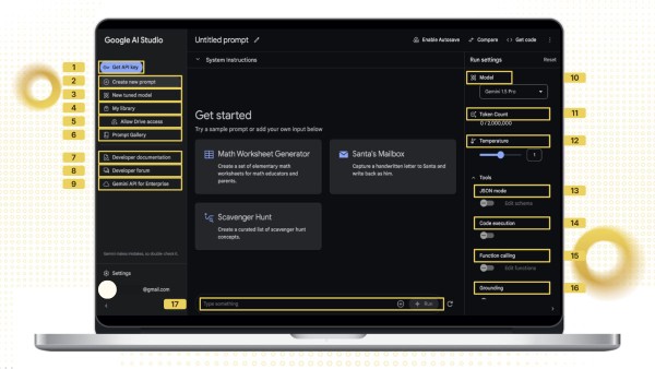 Giao diện Google AI Studio chia làm ba phần chính