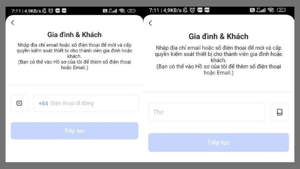 Điền email hoặc số điện thoại của người đăng ký tài khoản EZVIZ