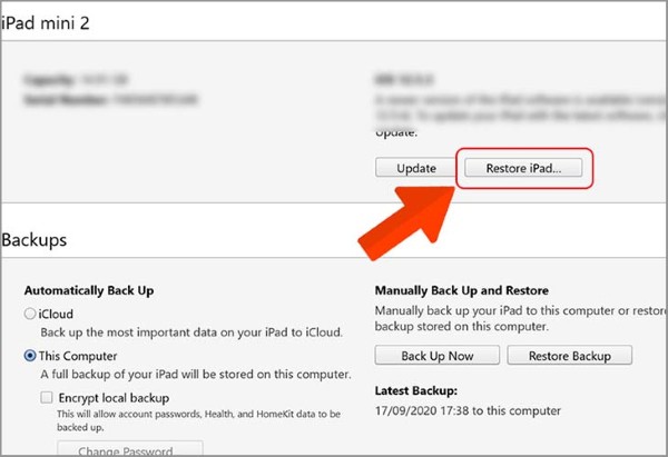 Chọn mục “Restore iPad” để khôi phục lại hệ điều hành