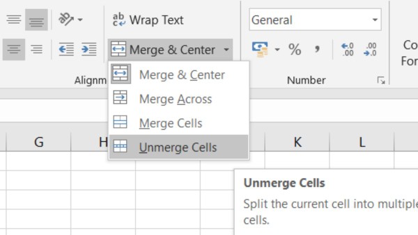 Mở Merge & Center, chọn Unmerge Cells