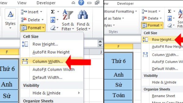 Tiến hành căn chỉnh kích thước ô