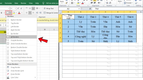 Mở tab Home → Borders → All Borders