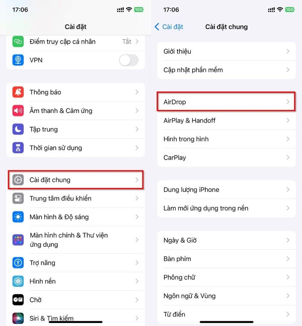 Mở Cài đặt → chọn AirDrop