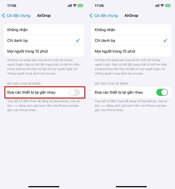 Bật mục “Đưa thiết bị lại gần nhau”