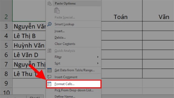 Nhấn chuột phải và chọn Format Cells