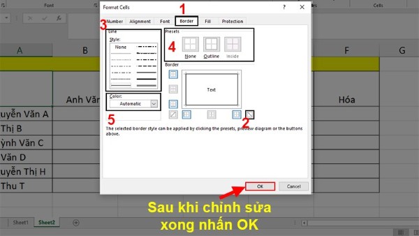 Chuyển sang tab Border và click cả hai biểu tượng