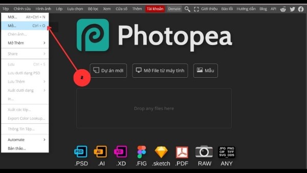Chọn "File" → "Open" hoặc nhấn tổ hợp phím Ctrl + O
