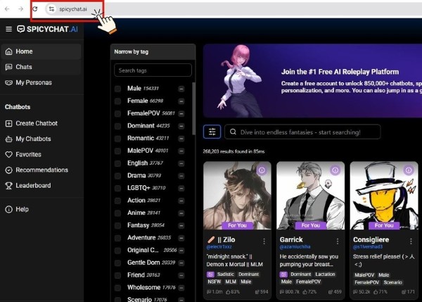 Truy cập địa chỉ https://spicychat.ai