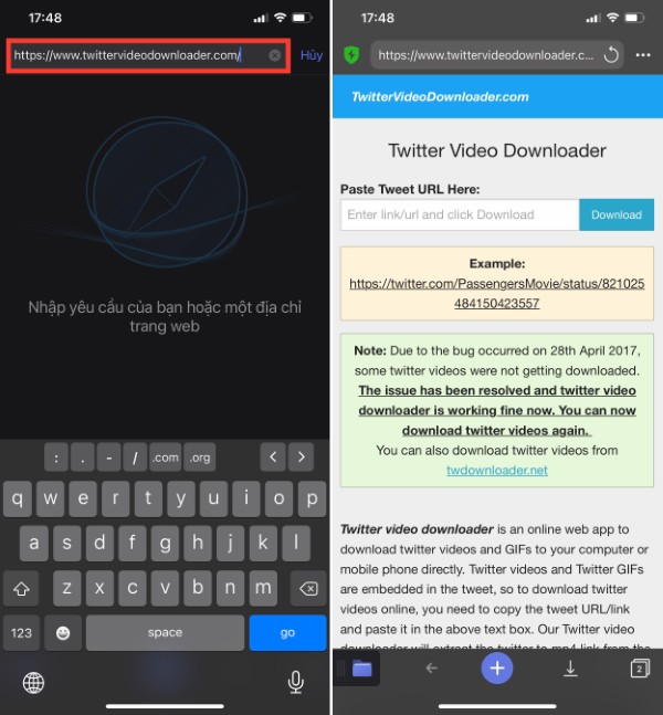 Dán liên kết video vào khung trên trang và nhấn Download