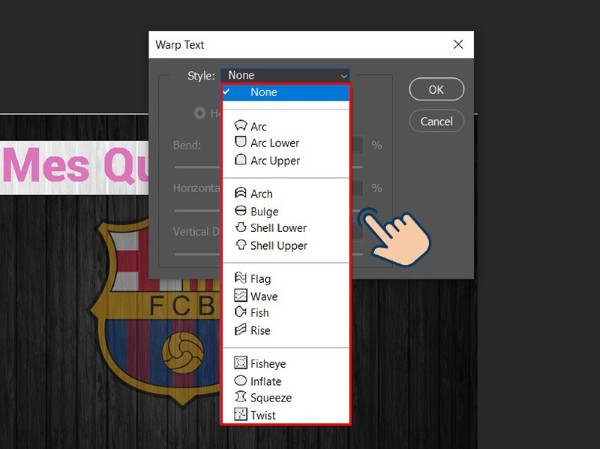 Chọn kiểu cong mong muốn trong menu