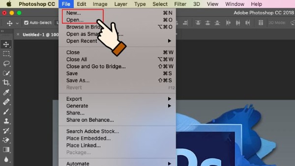 Chọn File → Open hoặc File → New để mở một hình ảnh sẵn hoặc tài liệu mới
