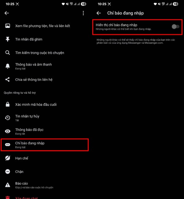 Nhấn vào mục Chỉ báo đang nhập (hoặc “Typing Indicators”) và gạt tắt nút hiển thị 
