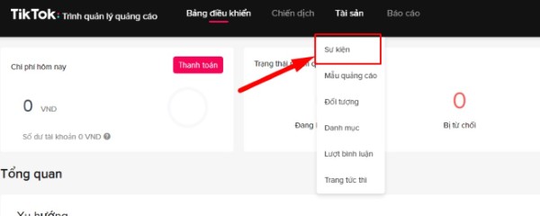 Chọn mục Sự kiện trong tab Tài sản 