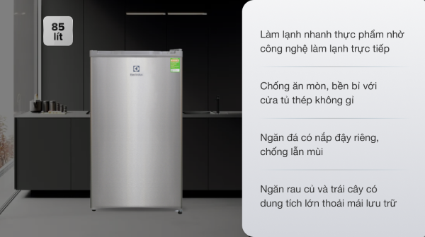 Tủ lạnh Electrolux 85L EUM0900SA thiết kế tinh tế với lớp vỏ kim loại xám