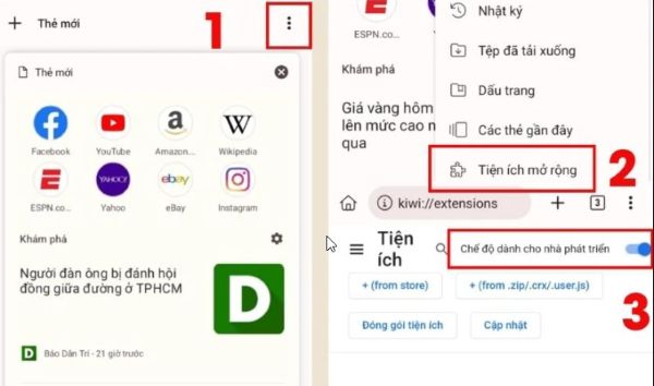 Chọn “Tiện ích mở rộng” (Extensions), bật “Chế độ dành cho nhà phát triển”