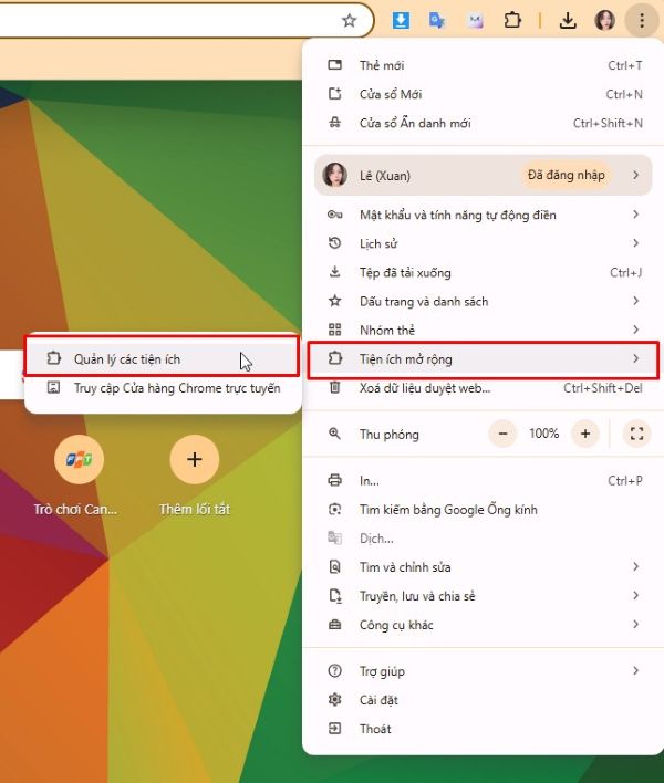 Chọn “Tiện ích mở rộng”, nhấp “Quản lý tiện ích mở rộng”