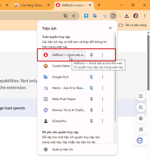 Nhấp biểu tượng tiện ích để sử dụng hoặc tùy chỉnh cài đặt