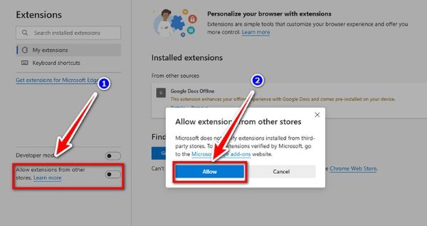 Bật “Cho phép tiện ích từ các cửa hàng khác” và xác nhận “Cho phép”