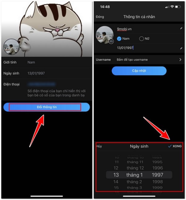 Tiến hành chỉnh sửa ngày sinh