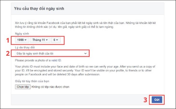 Nhập thông tin ngày - tháng - năm sinh thay đổi