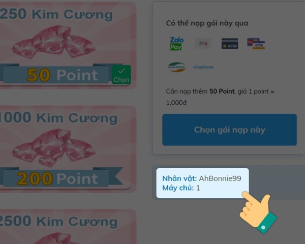 Hệ thống sẽ tự động nhận diện ID nhân vật và server game của bạn