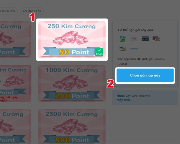 Chọn vào gói kim cương cần mua