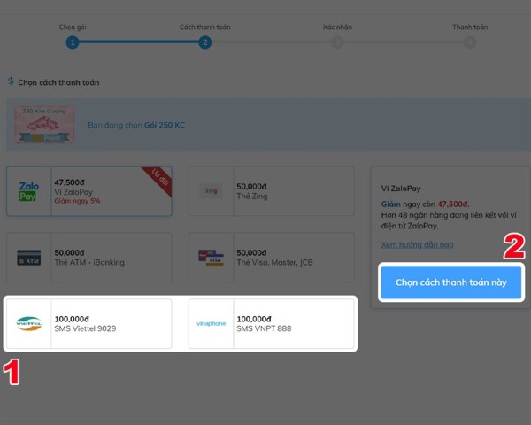 Chọn phương thức thanh toán là SMS