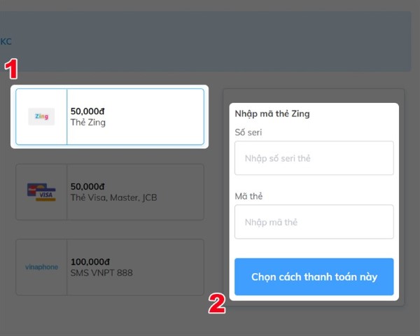 Chọn mua Zing Card bằng tài khoản di động Viettel