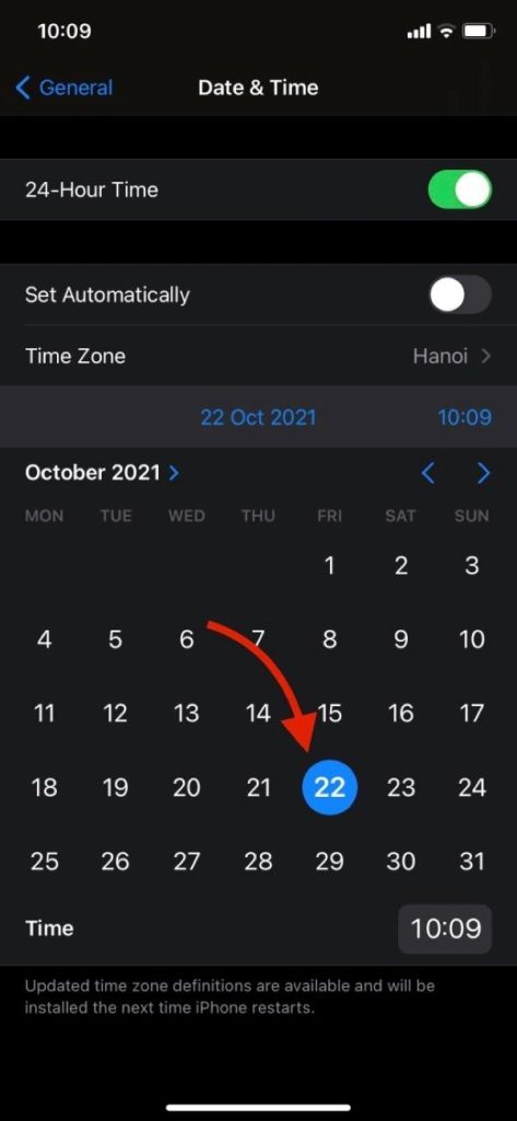 Chỉnh ngày sớm hơn 1 ngày