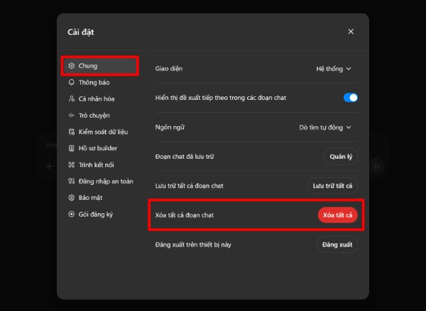 Chọn vào “Xóa tất cả đoạn chat”