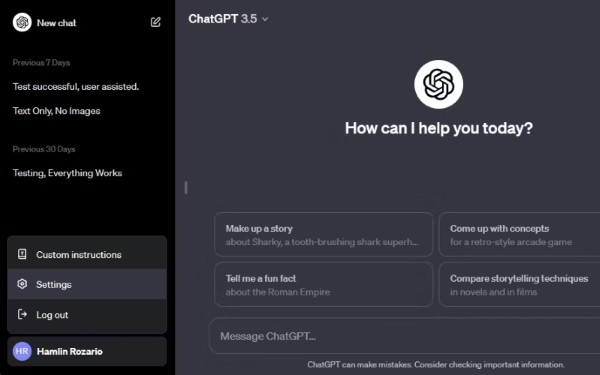 Danh sách các cuộc trò chuyện cũ tại bên trái