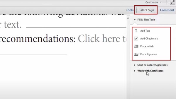 Chọn tab Fill & Sign