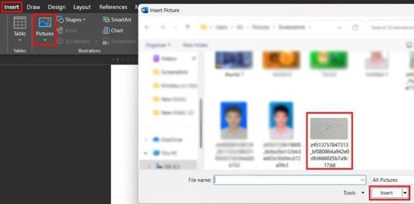 Mở file Word, chọn tab Insert → Pictures 