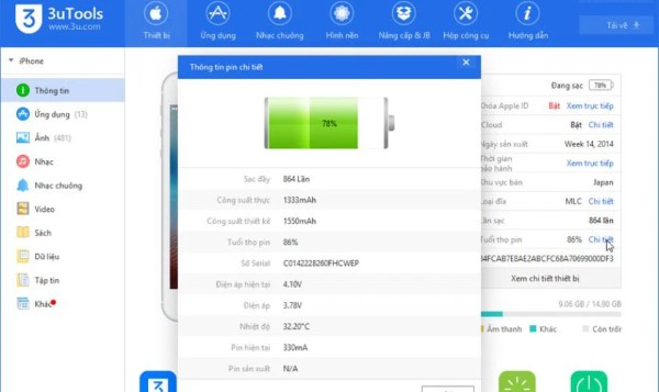Tại giao diện chính mục iDevice sẽ thấy thông tin về pin