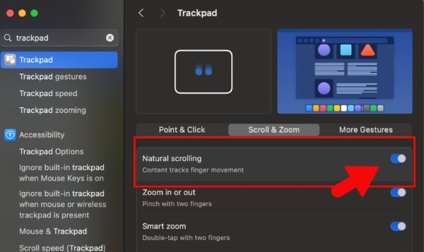 Chọn vào mục Trackpad