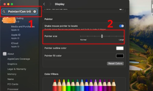Tìm tới mục Pointer Size và kéo thanh điều chỉnh 