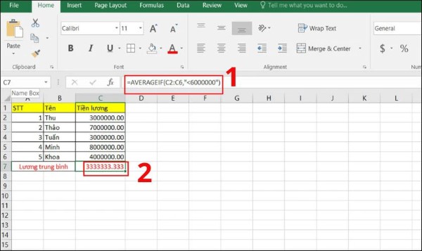 Dùng công thức: =AVERAGEIFS(C2:C6, C2:C6, "←6000000")
