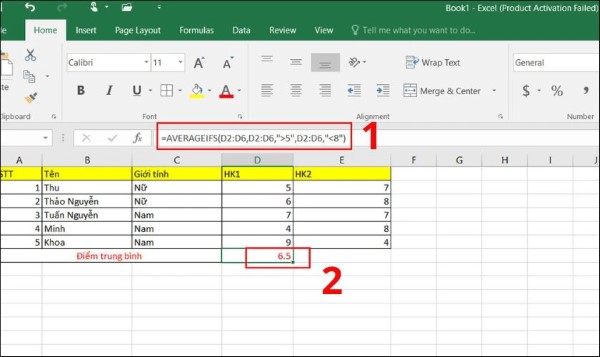 Tính điểm trung bình các học sinh có điểm HK1 →5 và ←8