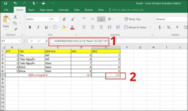 Tính điểm học kỳ 2 trung bình cho học sinh nam có điểm →6