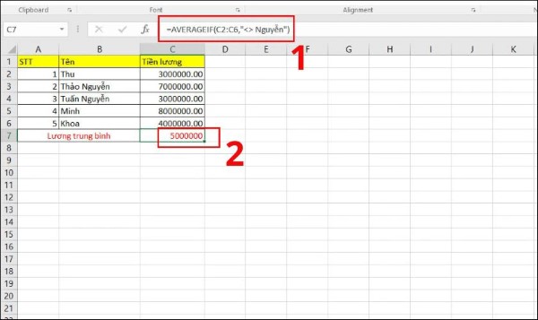Cách tính lương trung bình của nhân viên không tên "Nguyễn"