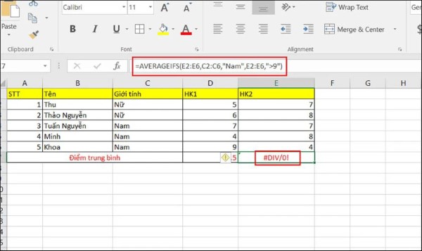 Lỗi Excel không thể chia cho 0