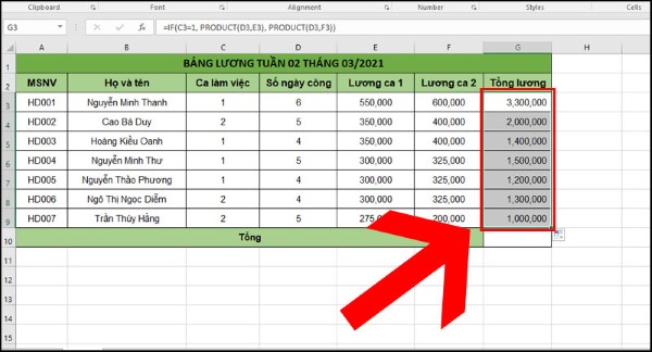 Kéo công thức cho các dòng còn lại