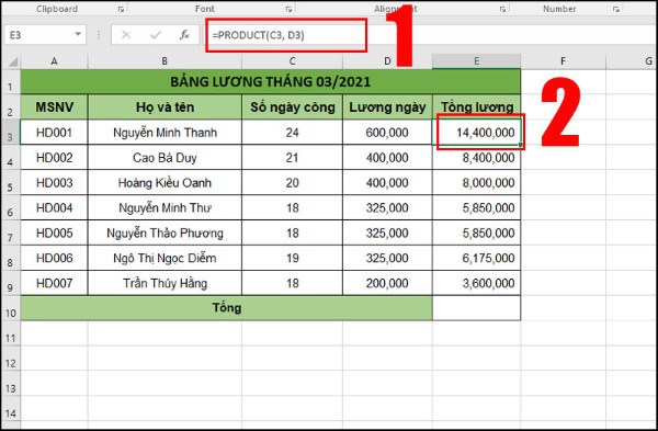 Nhập công thức: =PRODUCT(C3, D3)