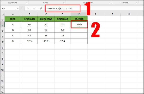Nhập công thức tính thể tích bằng =PRODUCT(B2, C2, D2)